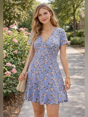 Imperfect floral mini dress stretchy short sleeved ruffle hem sundress SO large